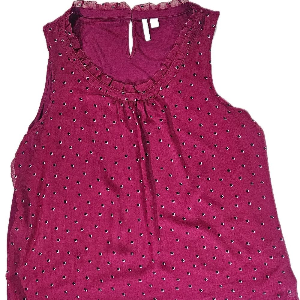 ELLE Blouse Womens XL Geometric Print Ruffle Sheer Layer‎ Sleeveless Tank Top